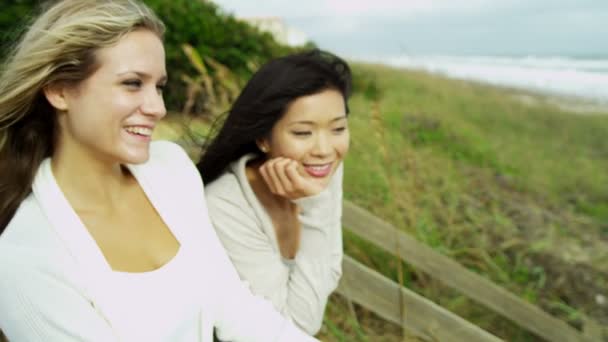 Mujeres disfrutando del aire fresco en la playa — Vídeo de stock