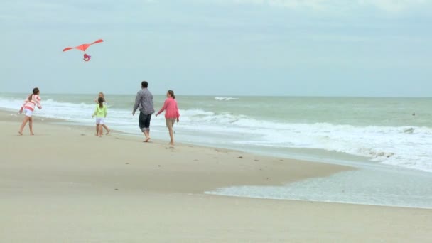 Familie met kite op strand — Stockvideo