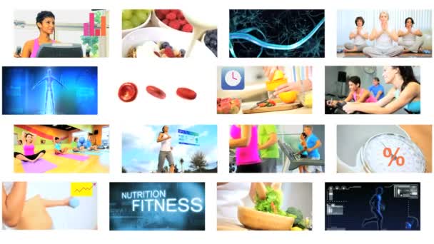 3D montage mur caucasien hispanique santé fitness yoga style de vie mouvement graphiques — Video