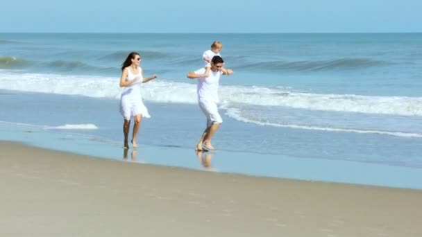 Eltern mit Baby spazieren am Strand — Stockvideo