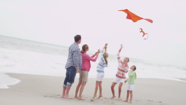 Οικογένεια με φέρουν kite στην παραλία — Αρχείο Βίντεο