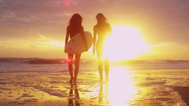 Girls holding surfboards on beach — Stock Video