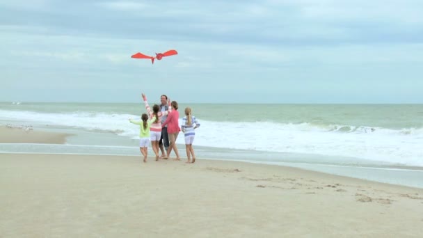 Familie mit Drachen am Strand — Stockvideo