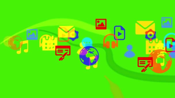 Media icon data motion graphic global wireless social green screen background — Stock Video