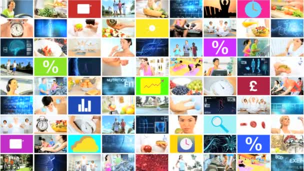 Cg video montage wall ethnisch gesunde ernährung lifestyle app motion graphics — Stockvideo