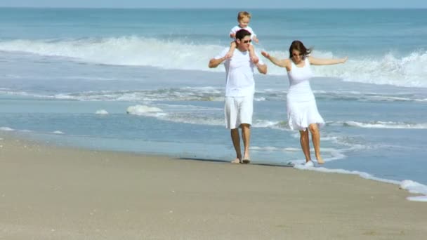 Parents avec bébé marchant sur la plage — Video