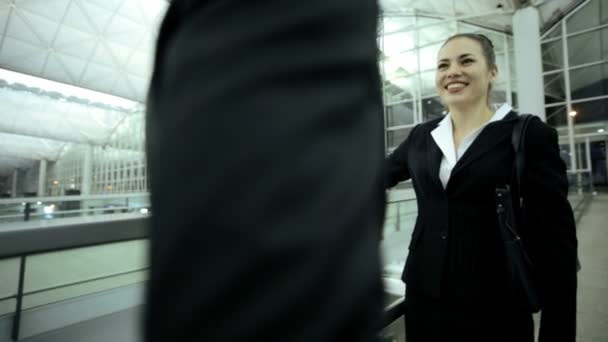 Unternehmer und Geschäftsfrau diskutieren am Flughafen — Stockvideo