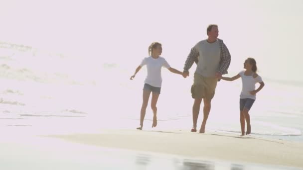 Far med döttrar leker på stranden — Stockvideo
