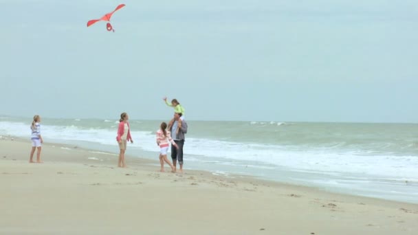 Familj med drake på stranden — Stockvideo