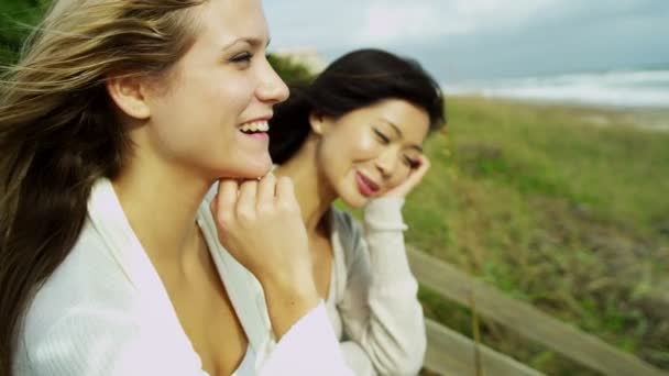 Mujeres disfrutando del aire fresco en la playa — Vídeos de Stock