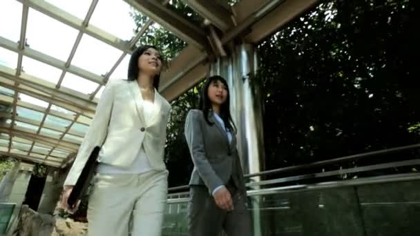 Businesswomen walking near office buildings — Stock Video