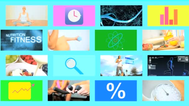 3D-video montage vägg Multi etniska hälsosam yoga livsstil app rörlig grafik — Stockvideo