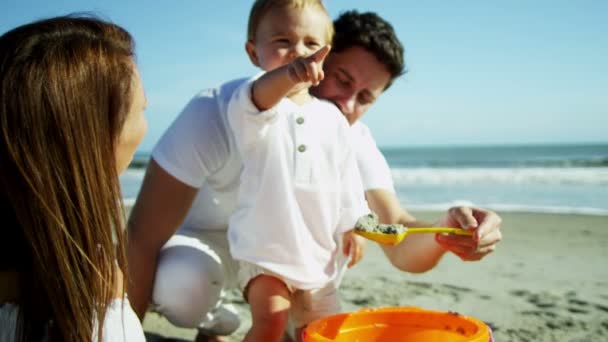 Eltern mit Sohn spielen am Sandstrand — Stockvideo