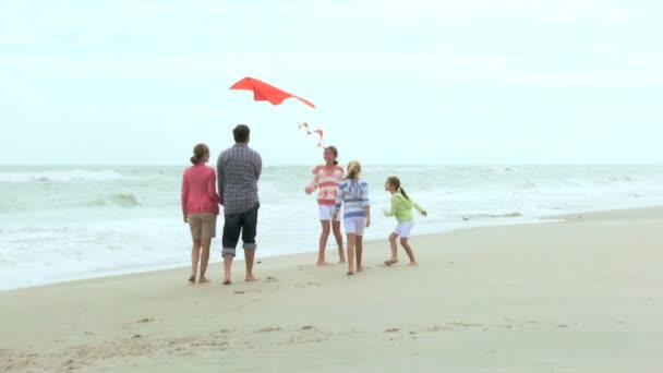 Famiglia con aquilone sulla spiaggia — Video Stock