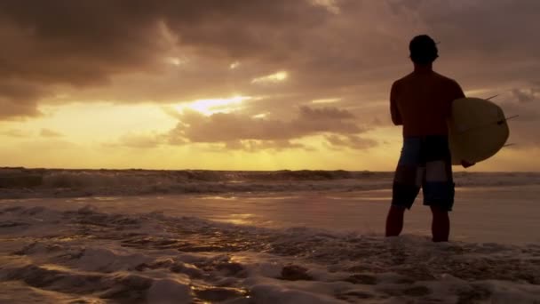 Surfista en la playa viendo olas — Vídeos de Stock