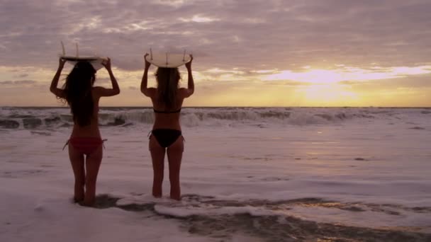 Chicas en la playa esperando olas — Vídeos de Stock