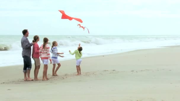 Familie mit Drachen am Strand — Stockvideo