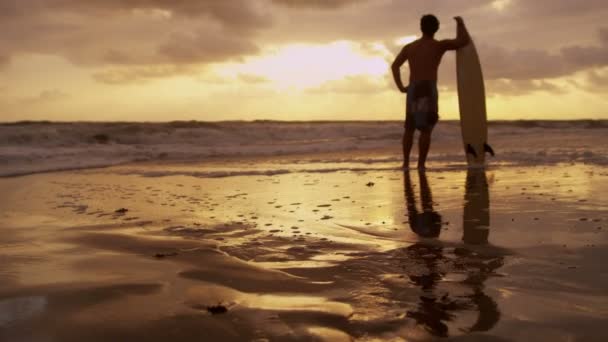 Sörfçü dalgaları seyretmekten sahilde — Stok video