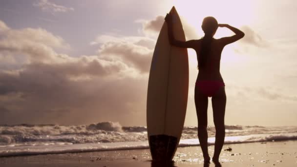 Attraktiva surfer girl titta på solnedgången — Stockvideo