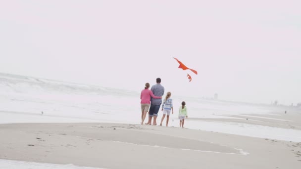 Familie met vliegende kite op strand — Stockvideo