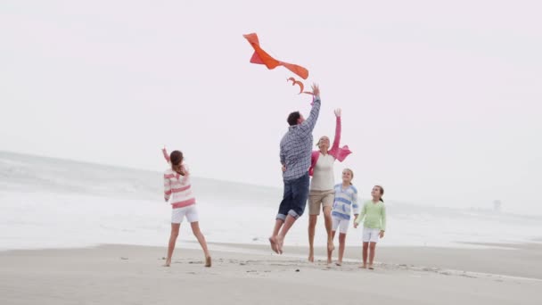 Familie met vliegende kite op strand — Stockvideo