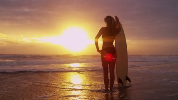 Mulher na praia ao pôr do sol — Vídeo de Stock