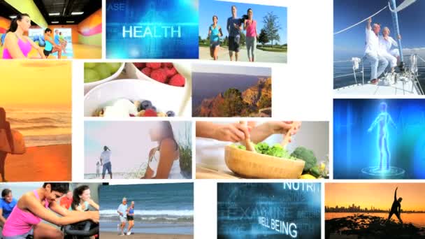 3d 墙蒙太奇多族裔健康健身海滩生活方式运动图形 — 图库视频影像