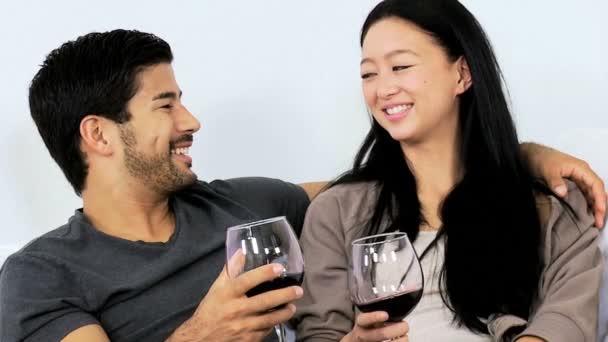 Pareja en sofá bebiendo vino — Vídeo de stock