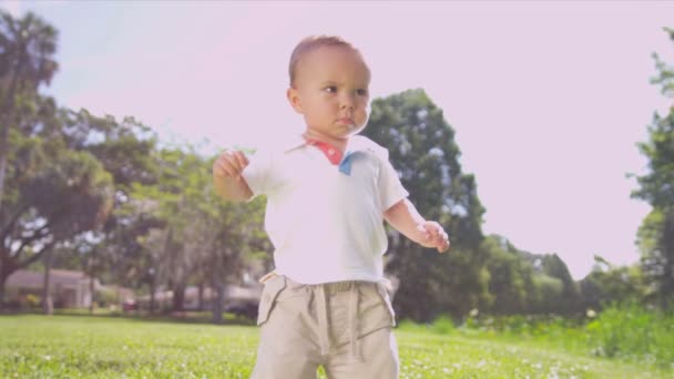 Baby boy walking barefoot on grass in park — Stock Video