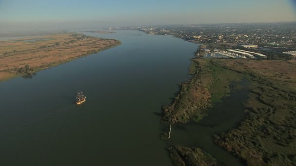 Aerial San Francisco Bay Antioch Sailing ship wetlands — Stock Video