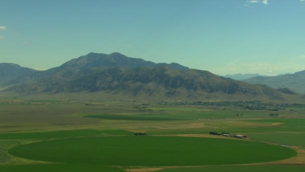 Aerial США Айдахо сельское хозяйство сельскохозяйственных культур растительных горных сельскохозяйственных угодий равнины — стоковое видео