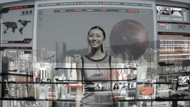 Mujer de negocios en la azotea rascacielos que operan la tecnología 3D — Vídeos de Stock