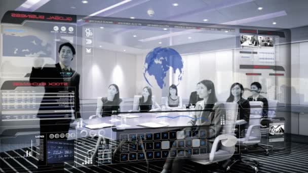 Ασιατικές επιχειρήσεις στην αίθουσα συνεδριάσεων με τεχνολογία 3D — Αρχείο Βίντεο