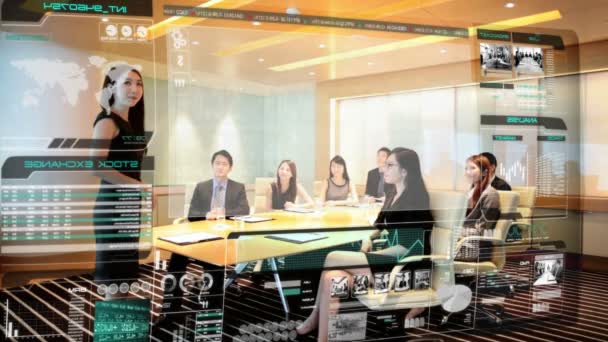 Asian Business People w sali konferencyjno-biznesowej z technologią 3D — Wideo stockowe