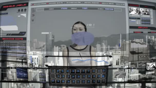 Businesswoman on rooftop skyscraper operating 3D technology — Stock Video