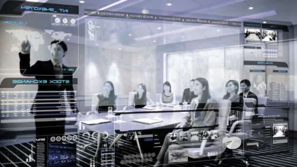 Gente de negocios asiáticos en la sala de juntas con tecnología 3D — Vídeo de stock