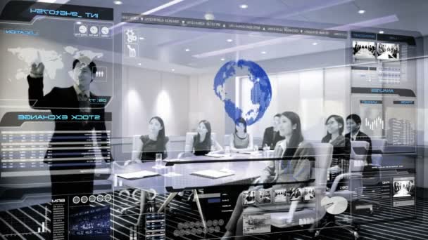 Uomini d'affari asiatici in sala riunioni con tecnologia 3D — Video Stock