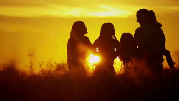 Pais com filhas no prado ao pôr do sol — Vídeo de Stock