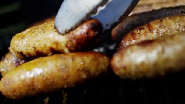 Grilled meat sausages on BBQ — Stock Video