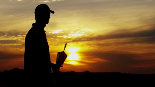 Silhouet van mannelijke golftoernooi speler met trofee — Stockvideo