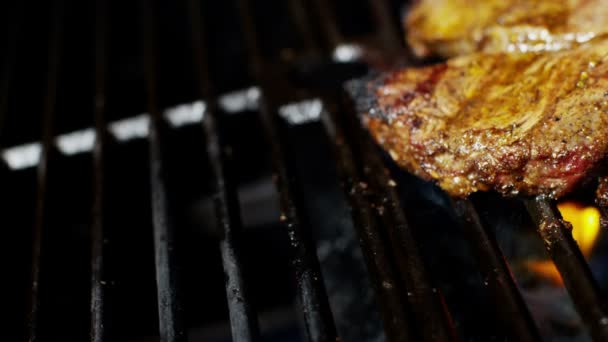 Filetes de res a la parrilla en el asador — Vídeos de Stock