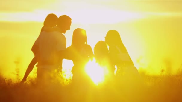 Eltern mit Töchtern auf der Wiese bei Sonnenuntergang — Stockvideo