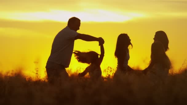 Pais com filhas no prado ao pôr do sol — Vídeo de Stock