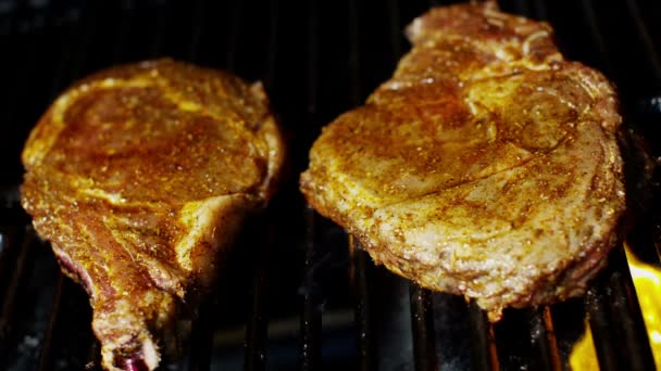 Płomień grillowania świeże T-Bone wołowina stek dieta życia białka nowoczesne urządzenia — Wideo stockowe