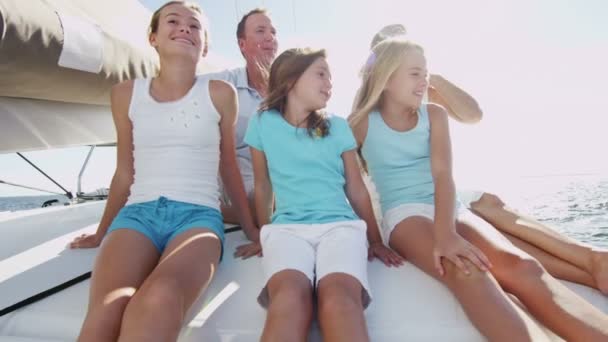 Young girls with parents  having fun on luxury yacht — Stock video