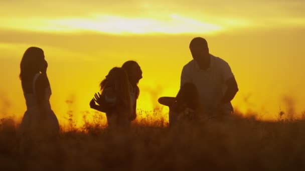 Parents with daughters on meadow at sunset — Stock Video