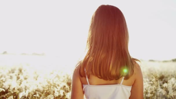 Sonriente chica joven al aire libre en el prado — Vídeos de Stock