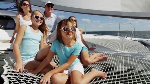 Family with children having fun on luxury yacht — Stock Video