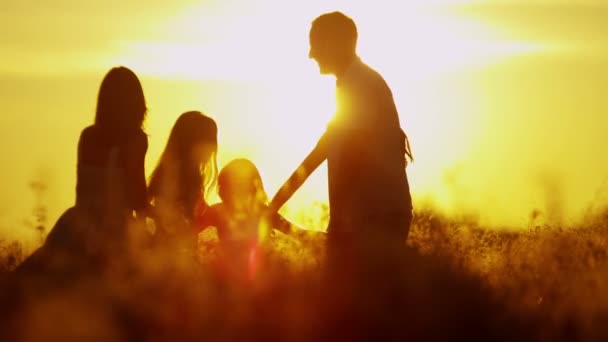 Родители с дочерьми веселятся на лугу — стоковое видео