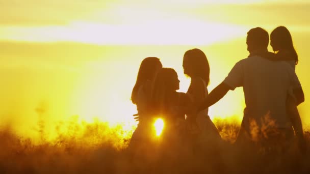 Padres con hijas en el prado al atardecer — Vídeo de stock